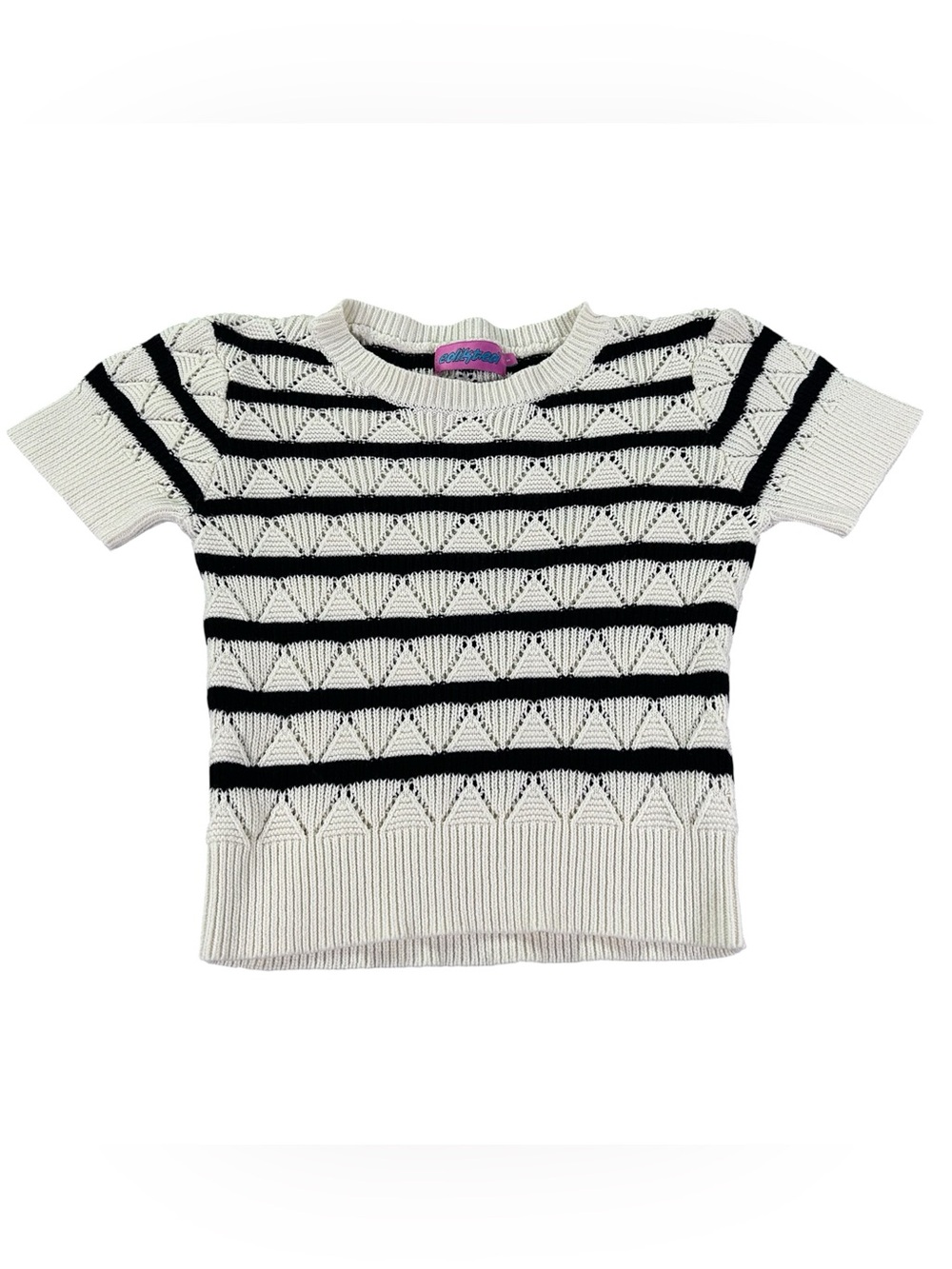 Edikted Galia Stripe Pointelle Sweater Women’s S Cream Black Cropped Knit Top